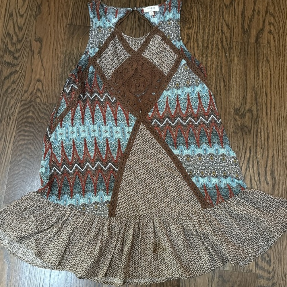 ❤️Umgee Brown and Blue Asymmetrical Ruffled Tank Top